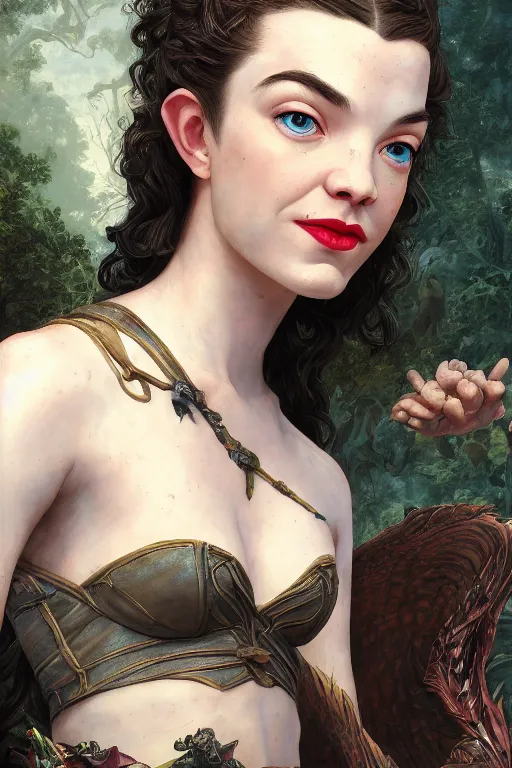 Image similar to A fantasy comic book style portrait painting of Ella Raines, Anya Taylor-Joy, hybrid, as an Atlantean Reptilian Warrior, François Boucher, Oil Painting, Mystical Valkyrie, unreal 5, DAZ, hyperrealistic, octane render, Regal, Refined, Detailed Digital Art, RPG portrait, William-Adolphe Bouguereau, Walt Disney (1937), Michael Cheval, Steampunk, dynamic lighting, Highly Detailed, Cinematic Lighting, Unreal Engine, 8k, HD