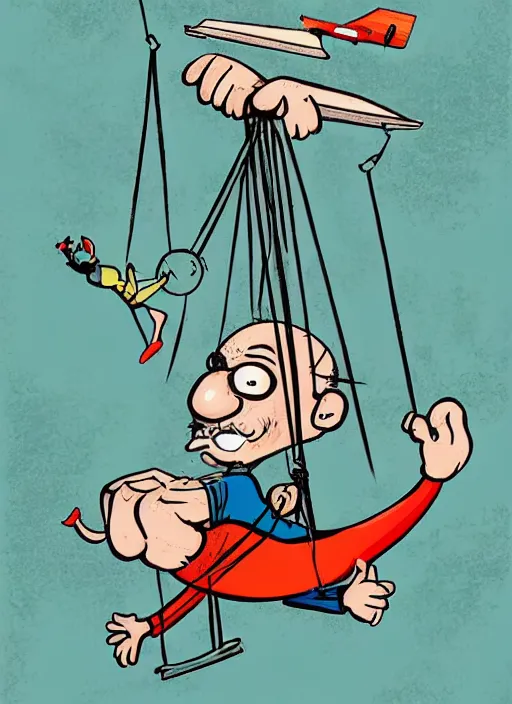 Image similar to an old man on a swing with a plane on top of him, a cartoon by rube goldberg, trending on shutterstock, neoism, poster art, isometric, 2 d