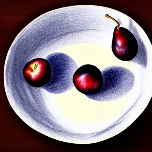 Image similar to concept art drawing of a single thick porcelain bowl filled with a few moist freshly picked plums on a wooden table. volumetric lighting. small scale. artistic. top down.