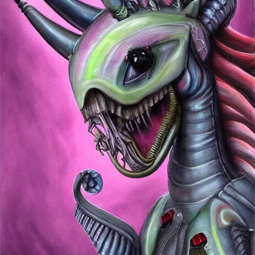 Prompt: detailed realistic painting of a my little pony that looks like a xenomorph, cute, in the style of h r giger and wayne barlowe