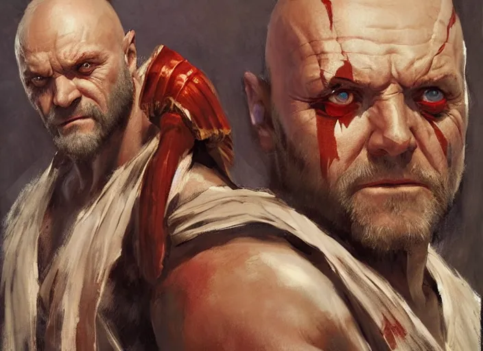 Image similar to a highly detailed beautiful portrait of anthony hopkins as kratos by gregory manchess, james gurney, james jean