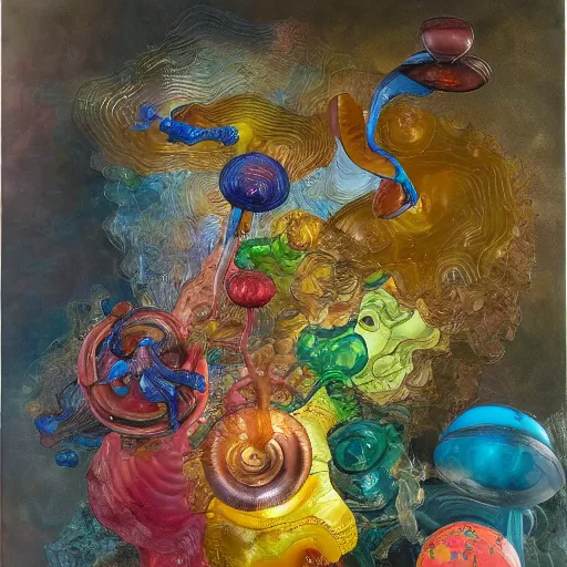 Image similar to a detailed impasto painting by shaun tan and dale chihuly of an abstract forgotten sculpture by the caretaker and ivan seal