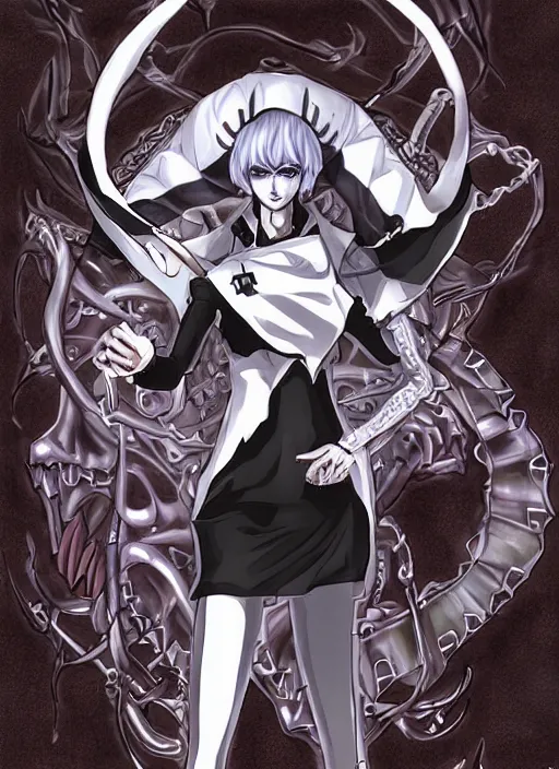 Prompt: shin megami tensei art of a demon called margaret thatcher, art by kazuma kaneko, demonic! compedium!, digital drawing, white background, high quality, highly detailed