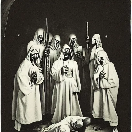 Prompt: a group of robed cultists standing around a metaphysical being, dark, gothic, monochrome, Hannah Barbara, maximalist