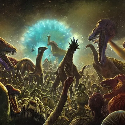 Image similar to A group of dinosaurs dancing in a rave party at ozora festival by Esao Andrews and Karol Bak and Zdzislaw Beksinski