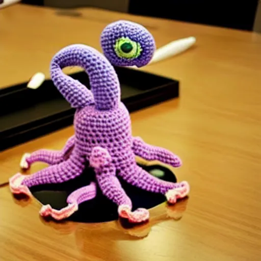 Image similar to a crochet octopus that is eating sushi, crochet octopus eating sushi, photo realistic, indoor lighting