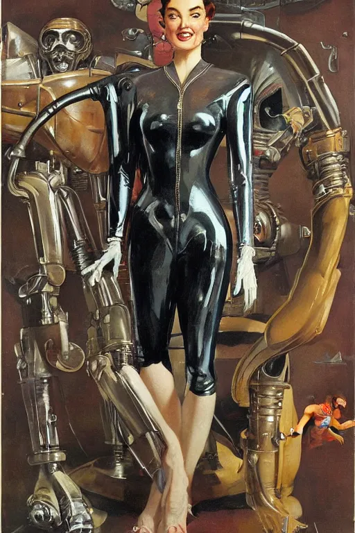 Prompt: 5 0 s pulp scifi fantasy illustration full body portrait elegant woman wearing latex spacesuit with biomech arms, by norman rockwell, roberto ferri, daniel gerhartz, jack kirby, earle bergey, ruan jia, jason fabok, tom lovell, alex malveda, dean cornwell, astounding stories, amazing, fantasy, other worlds