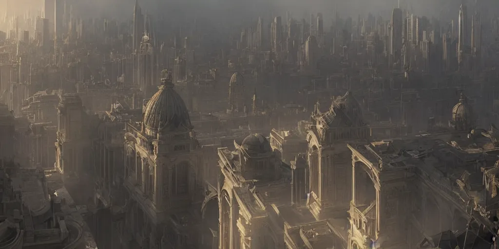 Prompt: screenshot from a movie, epic matte painting of a massive city, swooping vast architecture, cinematic cinematography masterpiece, greg rutkowski, and ivan aivazovski, roger deakins