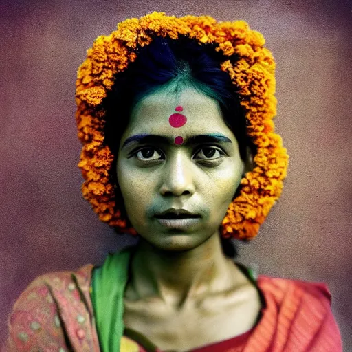 Image similar to realistic expired fuji film portrait of strange india woman mix, marigold celestial vibe, hyperrealism, hypermaxiymalism, photorealistic, detailed, atmospheric, 8 k, award winning photography, cinematic