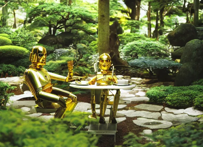 Image similar to C-3PO sitting at a bistro table in a lush japanese garden, still from star wars, shot on film, close up, depth of field, nature show, incredible detail, dramatic lighting