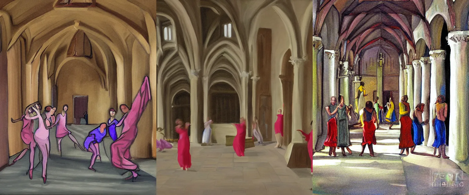 Prompt: digital painting of dance club in a cloister