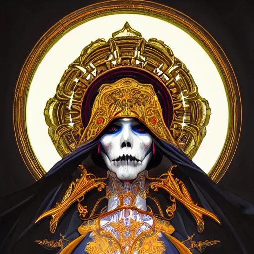 Prompt: symmetry!! portrait of santa muerte, intricate, elegant, highly detailed, my rendition, digital painting, artstation, concept art, smooth, sharp focus, illustration, art by artgerm and greg rutkowski and alphonse mucha