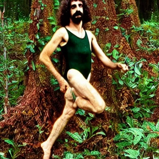 Image similar to young Frank Zappa as a forest druid wearing a floral leotard frolicking in the hooded forest of verdant turmeric roots, masculine, HSV