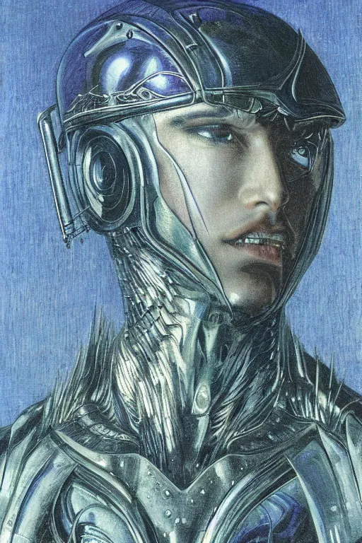 Image similar to portrait of beautiful gothic and futuristic young man, warhammer, cyber armor, a lot of scars, thunderstorm and fire, blue head, the middle ages, highly detailed, artstation, illustration, art by jean delville, 8 k quality, art by jean delville, max ernst
