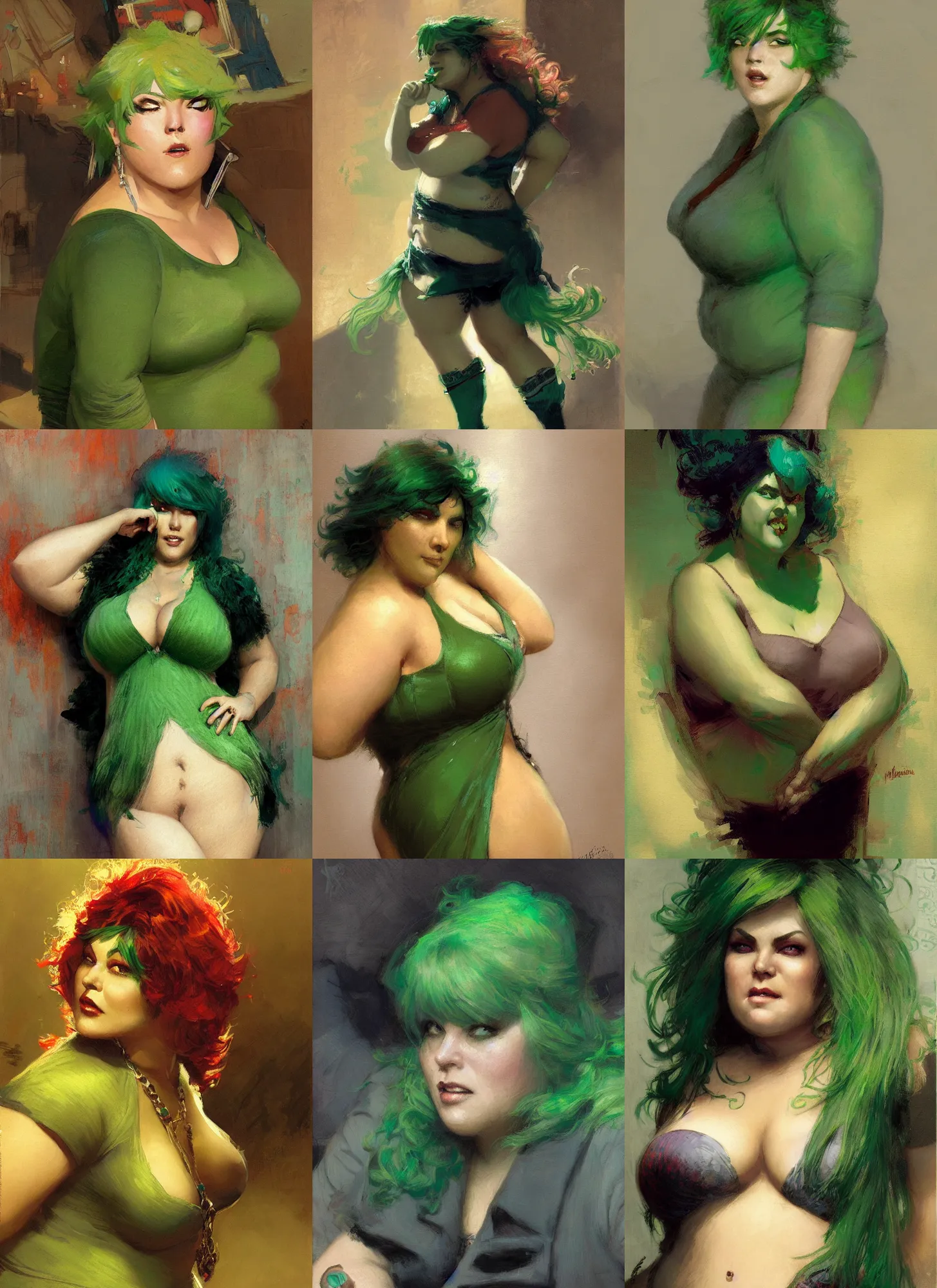 Prompt: chubby woman with green hair who solves mysteries, secretive, smug, candid, by Gaston Bussiere, Craig Mullins