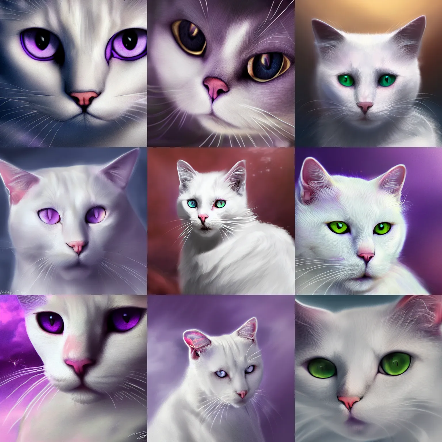 Prompt: portrait of a white cat with purple eyes. closeup, intense look. lighting, clouds, bloom. fantasy, digital painting, hd, 4 k, detailed.