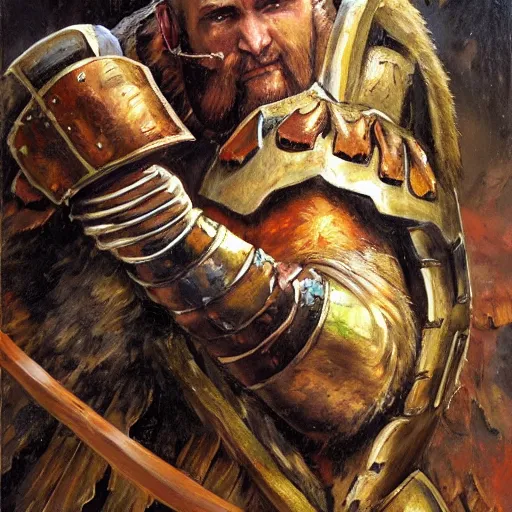 Image similar to a russian warrior who is wearing iron gauntlets in the shape of bear claws in the style of warhammer fantasy : : head and shoulders oil painting