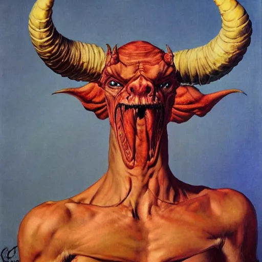 Prompt: upper body portrait a giant horned demon, by norman rockwell and boris vallejo, artstation, concept creature character art