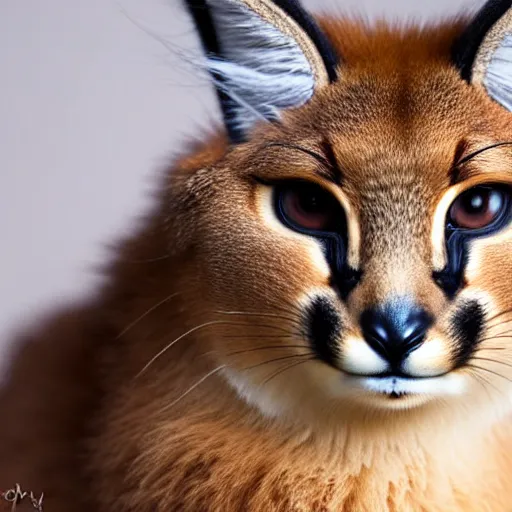 Prompt: a photo of cute fluffy caracal wearing toga, close up portrait, studio photography, 8 k