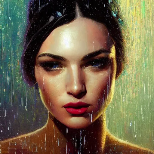 Image similar to detailed face of a woman clothed wrapped in textiles, lush, opulent, fauna, utopian, tech noir, wet reflections, prism, atmospheric, ambient, pj crook, syd mead, livia prima, artgerm, greg rutkowski, nick alm, casey baugh