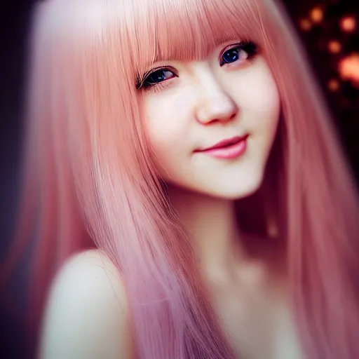 Image similar to beautiful intricate photograph of nikki from shining nikki dress - up game, a cute young woman, light pink hair, long hair with full bangs, full heart - shaped face, amber eye color, pale skin, light blush, chinese heritage,, smiling softly, golden hour, soft focus, 8 k, hyperrealism, hyperdetailed