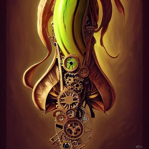 Prompt: STEAMPUNK BANANA! Epic fantasy art, award winning on Artstation, intricate, elegant, highly detailed, digital painting, art by artgerm and greg rutkowski and alphonse mucha, banana, banana, banana, only a steampunk banana please.