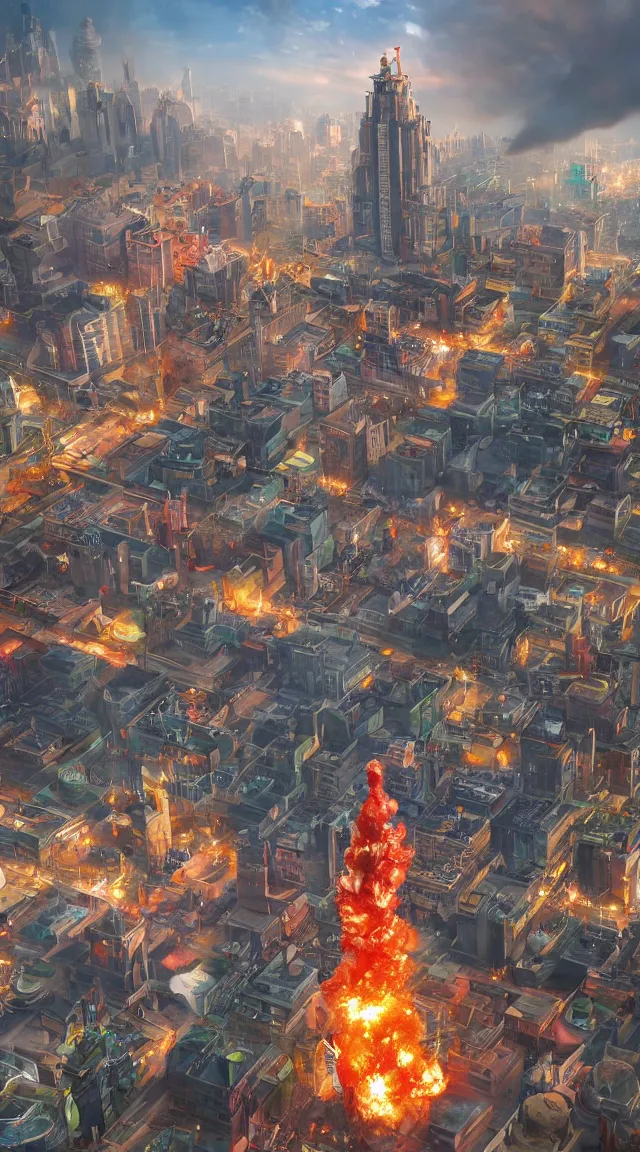 Prompt: hyperrealistic giant toy tin soldier destroying city, stunning, realistic, highly detailed attributes and atmosphere, dim volumetric cinematic lighting, 8 k octane extremely hyper - detailed render, post - processing, masterpiece, sky, art deco buildings, windows, cars, explosion, street view