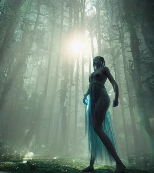 Prompt: daydreaming of the maiden with fuidity transparent dress in the blockchain cyberpunk forest by maciej kuciara, majestic light, octane render, beauty fog, ethereal glare of the sun, raining rainbow, volumetric lighting, hyperealistic, epic, masterpiece