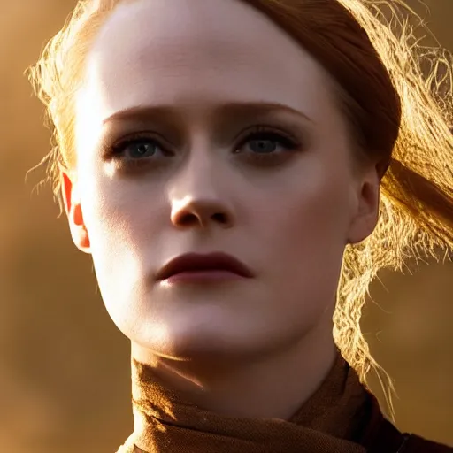 Image similar to beautiful close - up shot of evan rachel wood as dolores in westworld who looks into the distance, beautiful natural light, golden hour, focus on her face, photorealistic, fujifilm x - pro 2, by annie leibowitz