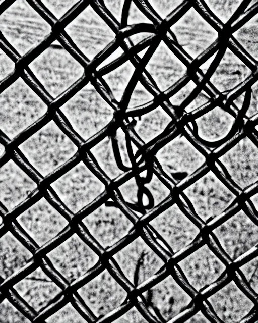 Prompt: black and white dramatic gritty pen art of a face shape in a chain link fence