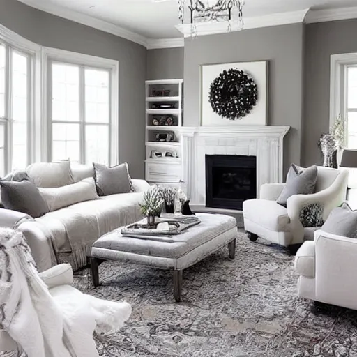 Prompt: cozy living room, grey walls, white ceiling, fireplace, medallion area rug