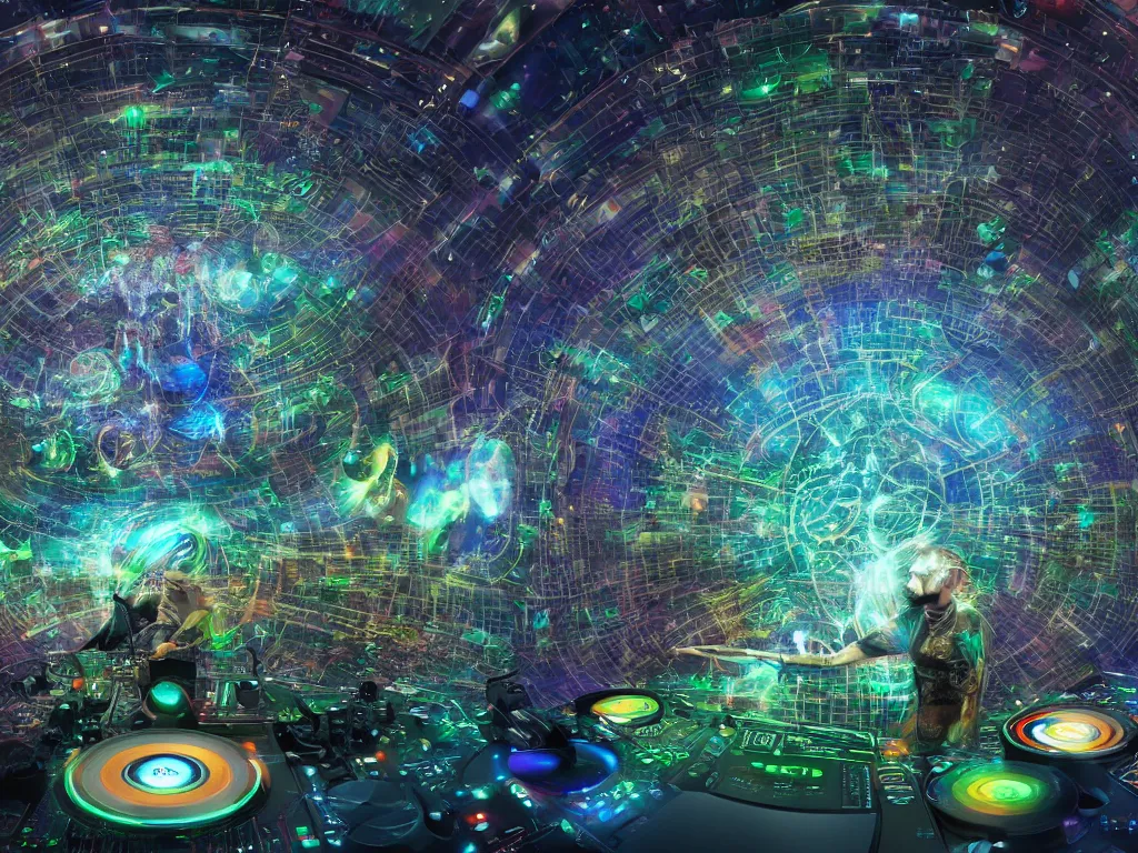 Image similar to an incredible masterpiece of a mystical dj playing a vast array of highly evolved and complex musical technology surrounded by an incredible and complex circular structure in the cosmos, by android jones, octane render, 8 k