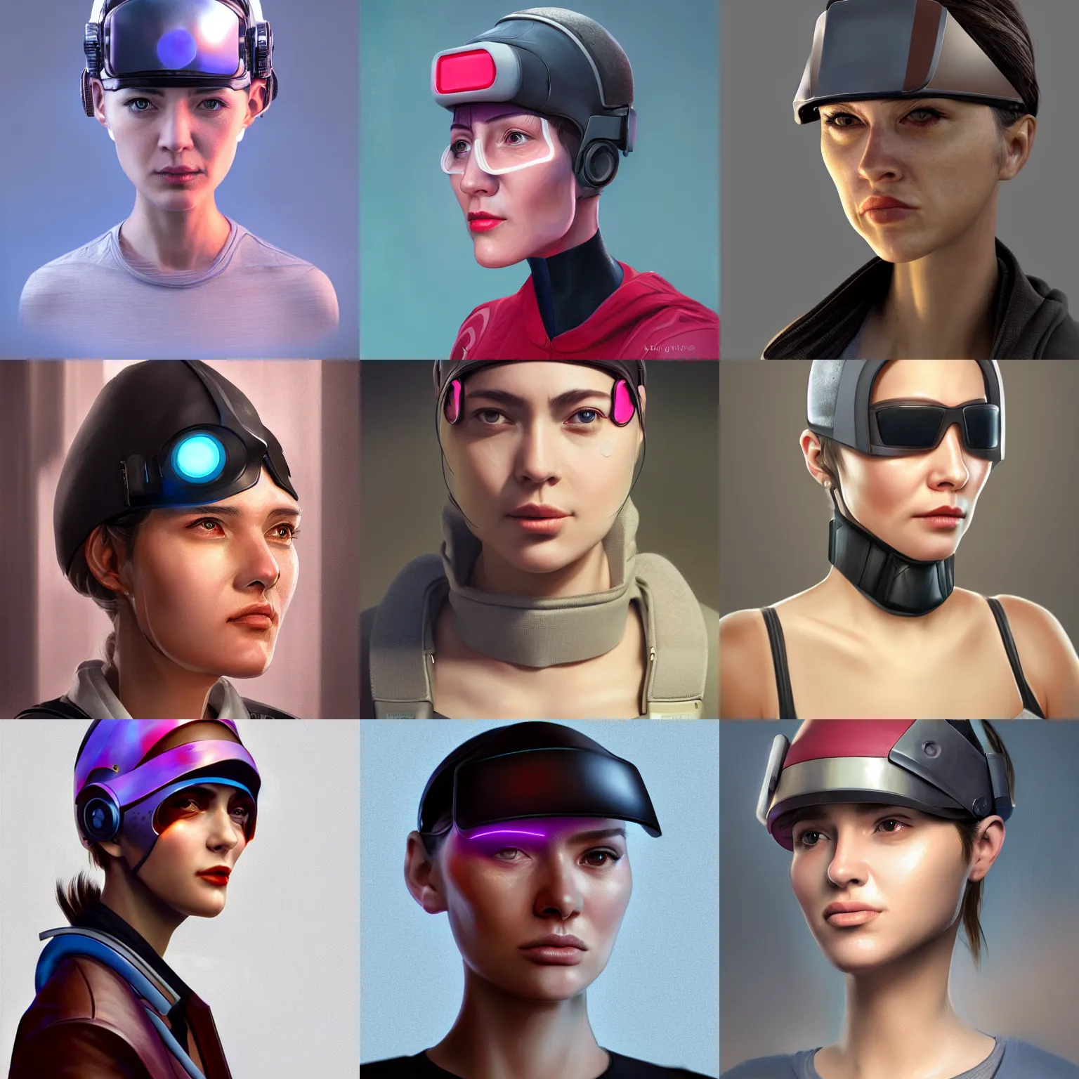 Prompt: character portrait of a woman with a realistically proportioned face wearing a cyberpunk visor, realistic face details, smooth, highly detailed portrait, digital painting, concept art, cgi, 3 d animation, painted texture maps, sharp focus, illustration, in the style of studio fortiche