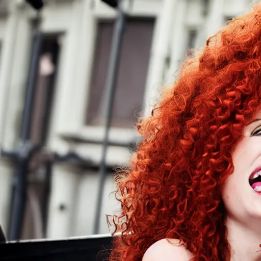 Prompt: a beautiful girl with long curly red hair on a singing on broadway stage