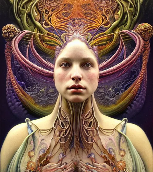 Image similar to detailed realistic beautiful young groovypunk queen of andromeda galaxy in full regal attire. face portrait. art nouveau, symbolist, visionary, baroque, giant fractal details. horizontal symmetry by zdzisław beksinski, iris van herpen, raymond swanland and alphonse mucha. highly detailed, hyper - real, beautiful