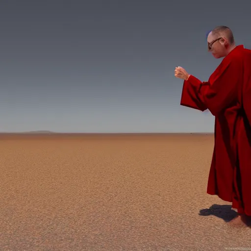 Prompt: an evil priest wearing red robes walking in a desert, sunny weather, gerhard richter, rendered in octane, realistic, 8 k, vivid, intricate, detailed