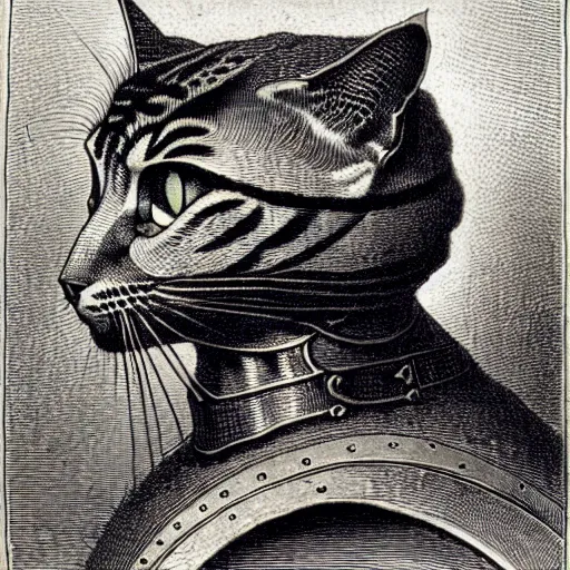 Image similar to engraving portrait of humanoid cat in medieval armoury by gustave dore