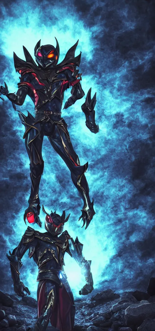 Prompt: High Fantasy Kamen Rider standing in a rock quarry, full body, 4k, glowing eyes, daytime, rubber suit, dark blue segmented armor, dragon inspired armor, centered