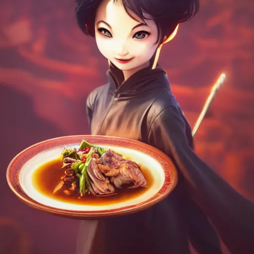 Prompt: movie still macro close photo of smiling anonymous holding pork stirfry to face, by weta disney pixar greg rutkowski wlop ilya kuvshinov rossdraws artgerm octane render iridescent, bright morning, anime, liosh, mucha