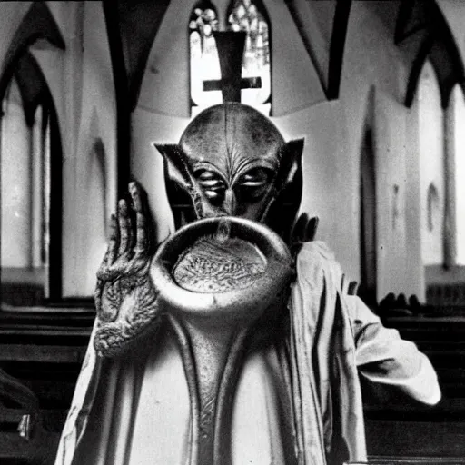 Image similar to alien praying to god in church where priest pours holy water on him, top secret style, realistic photo, 1 9 7 0 s, color