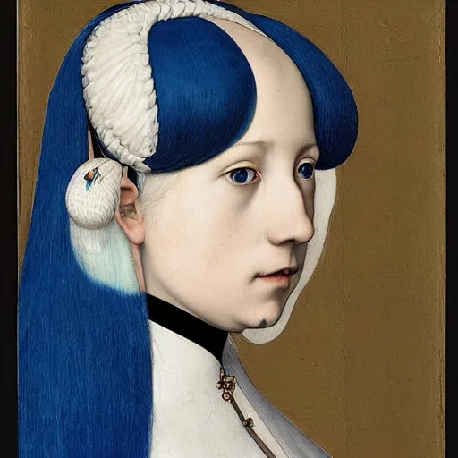 Prompt: a portrait of the young lady hatsune miku of the house lancaster by hans holbein, blue eyes, blue hair, porcelain skin, national portrait gallery, painting