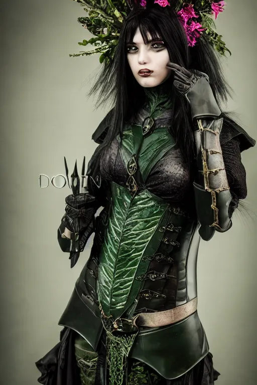 Prompt: very beautiful orcish top model, dark green hair, wearing valentin yudashkin gothic victorian armor with leaves and flowers, luxury materials, symmetrical, cinematic, elegant, professional studio light, real dlsr photography, sharp focus, 4 k, ultra hd, sense of awe, high fashion