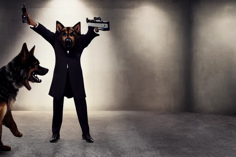 Prompt: film still of furry anthro anthropomorphic german shepard head animal person fursona wearing clothes a suit and tie standing holding a gun in a garage in an action movie 2020, 4k