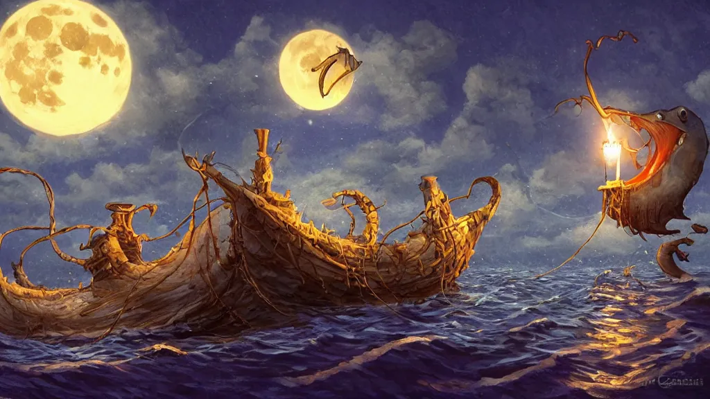 Image similar to a giant!!!! anglerfish!!!! at the surface of the water meets a lantern - holding!!!! sailor!!!! on a sloop, background with large full moon and purple sky, in the styles of tom coletti, jorge jacinto, and thomas veyrat intricate, accurate details