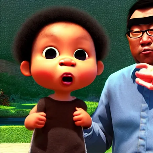 Prompt: black baby held by confused asian man, award winning art, pixar, 3 d render, unreal engine