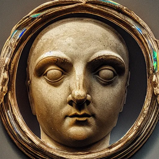 Prompt: a renaissance statue head surrounded by a neon ring