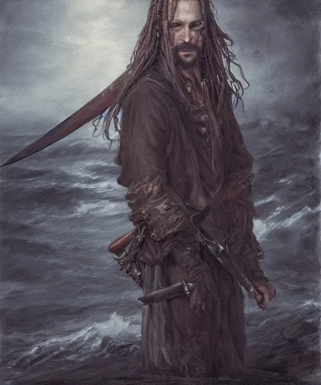 Image similar to ultra realistic color portrait painting of a tranparent 1 7 th century pirate ghost with a sword in a grotto, dark, painted, brooding, atmospheric, seascape, horror, smooth, epic, highly detailed, cinematic, artstation, by leesha hannigan