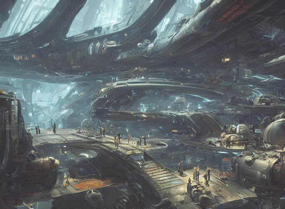 Prompt: the inside of a futuristic dieselpunk space dock, parked spaceships, mechanics walking around, by peter mohrbacher, firefly, brutalism, unreal engine 5, extreme detail, hyper realism, realistic shading, cinematic composition, realistic render, octane render, detailed textures, photorealistic, colorful, raytracing