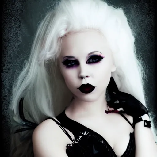 Image similar to kerli koiv as young teen girl, gothic, dark, dramatic, flawless, headshot, pinup