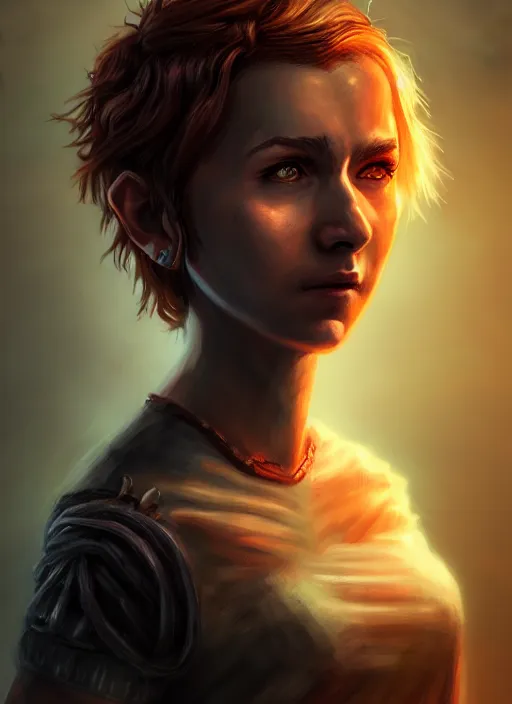 Image similar to an epic fantasy comic book style portrait painting of a girl with short straggly hair, low lethargic insouciance voice with a drawl wearing a ragged dress, unreal 5, daz, hyperrealistic, octane render, cosplay, rpg portrait, dynamic lighting